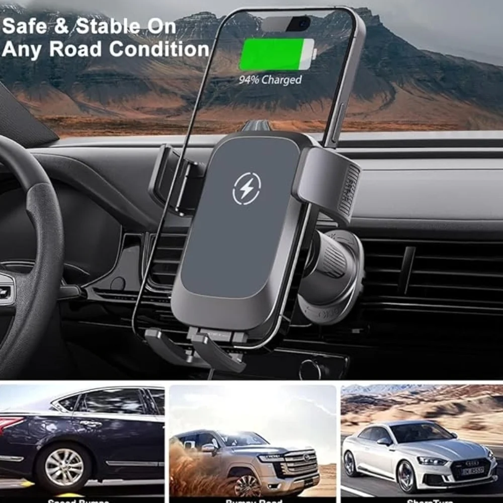 Wireless Magnetic Car Phone Mount Charger - Black